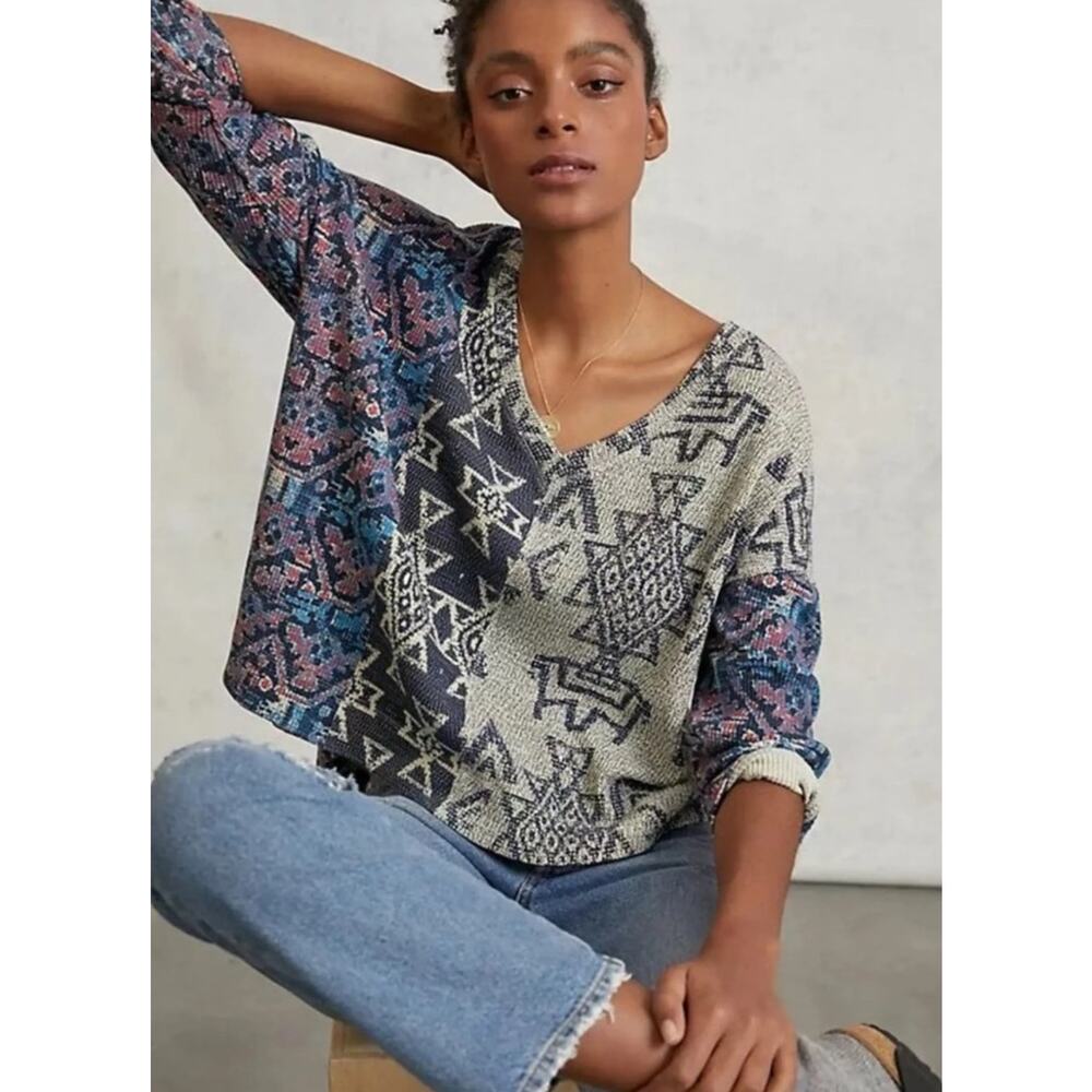 Anthropologie Pilcro Moira Waffle Knit Aztec V Neck Lightweight Sweater Small
